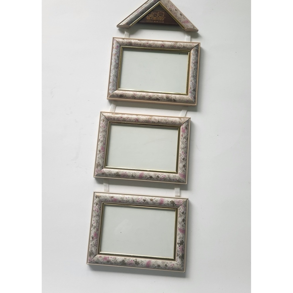 Little Bear Club Hanging Triple Photo Frame Pink Marbled Gold Trim Nursery Decor